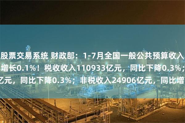 股票交易系统 财政部：1-7月全国一般公共预算收入135839亿元，同比增长0.1%！税收收入110933亿元，同比下降0.3%；非税收入24906亿元，同比增长2%